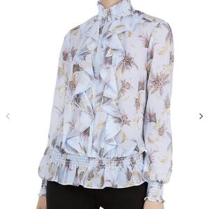Ted Baker London Jorilee Blue Moon Ruffle Blouse Size 3 Medium Floral Chiffon